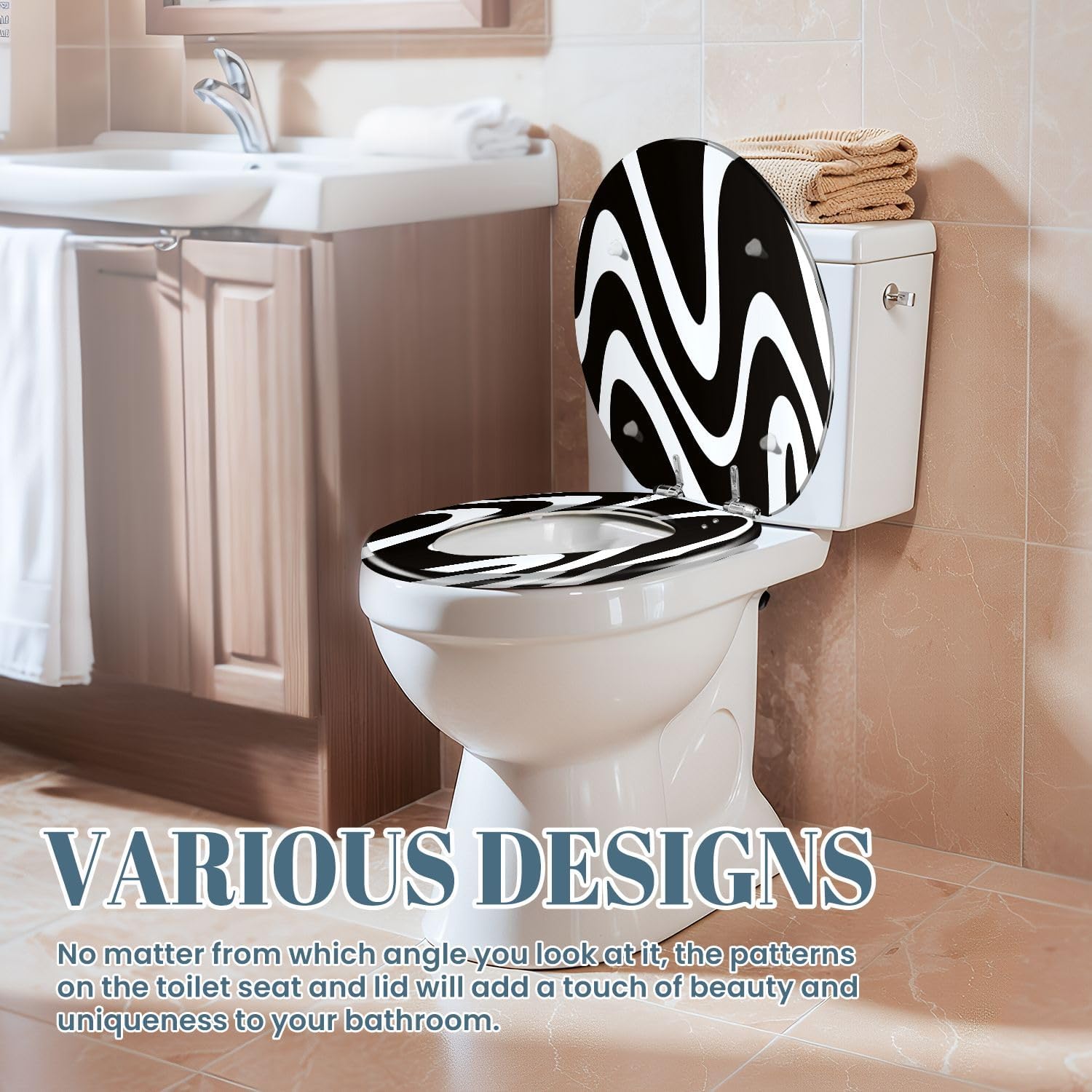 Elongated Toilet Seat Seamless Liquid Abstract Black White Stripe Backdrop Geometric Incline Resin Toilet Seat Slow Quiet Close with Quick-Release Hinges Toilet Seat with Cover Easy to Clean Install