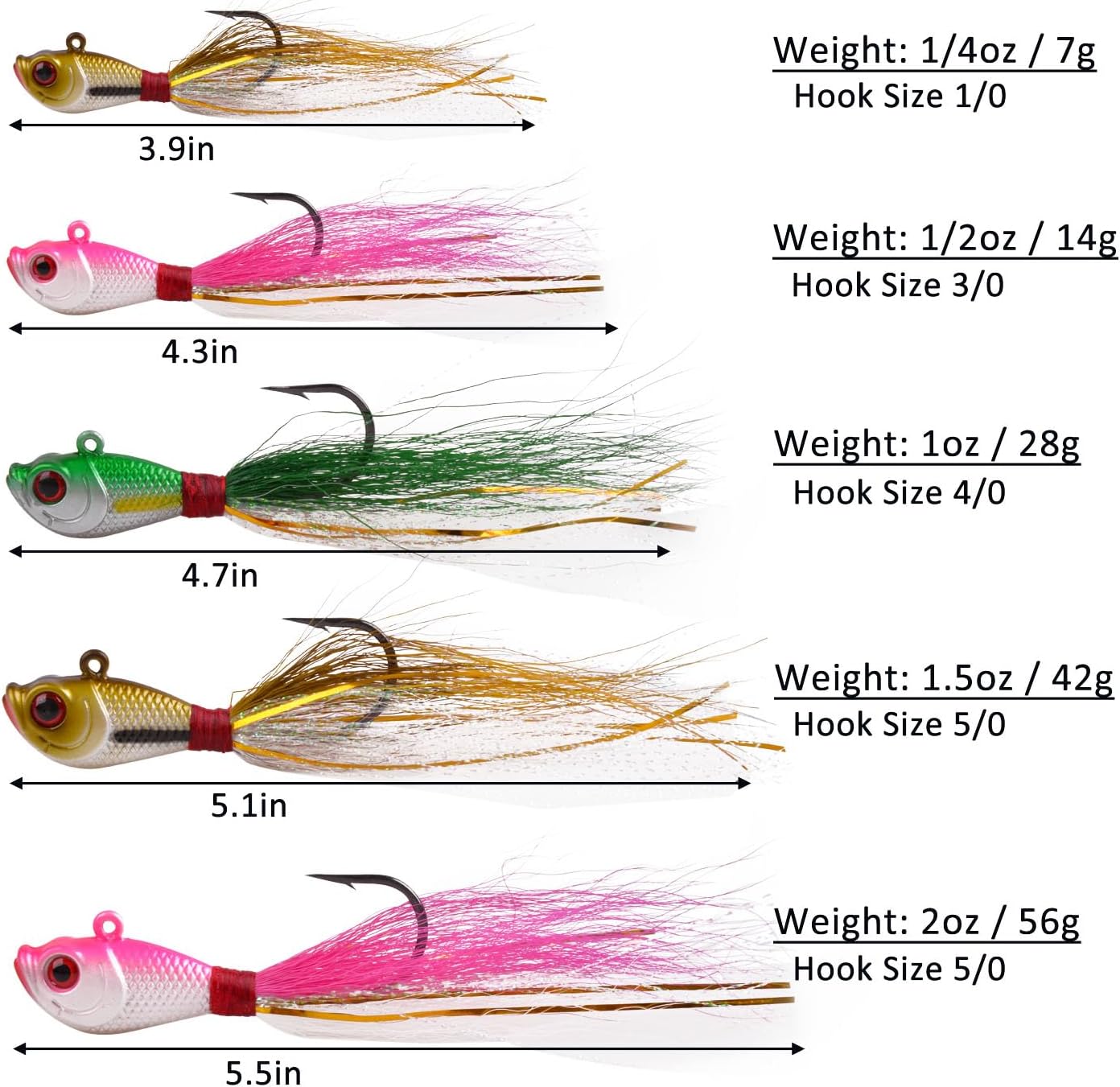 Bucktail Jigs Saltwater Fishing Lures Bucktail Fishing Jigs Surf Fishing Lure Swimbait Jig Heads Hook for Bass Walleye Flounder Striper 1/4oz 1/2oz 1oz 1.5oz 2oz