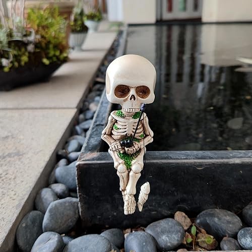 Miniatura 8 de Figura de calavera de Halloween Lindo adorno de calavera de pesca, estatua de esqueleto de calavera de resina de Halloween, decoración del hogar,