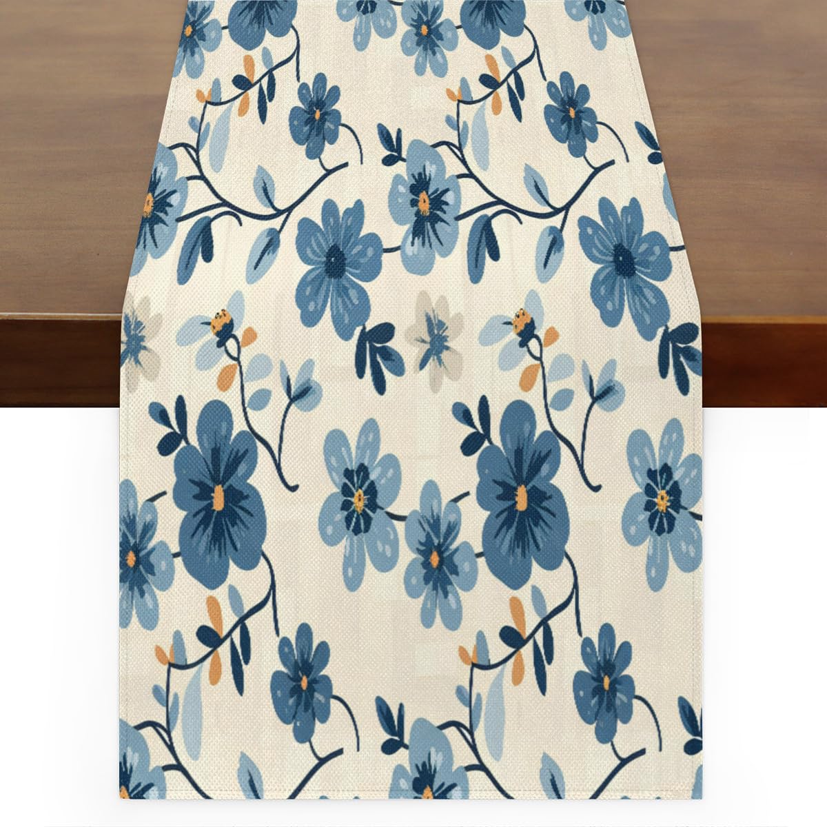 Chemin de table d'été fleurs bleues aquarelle 33x229 cm pour décoration de table cuisine
