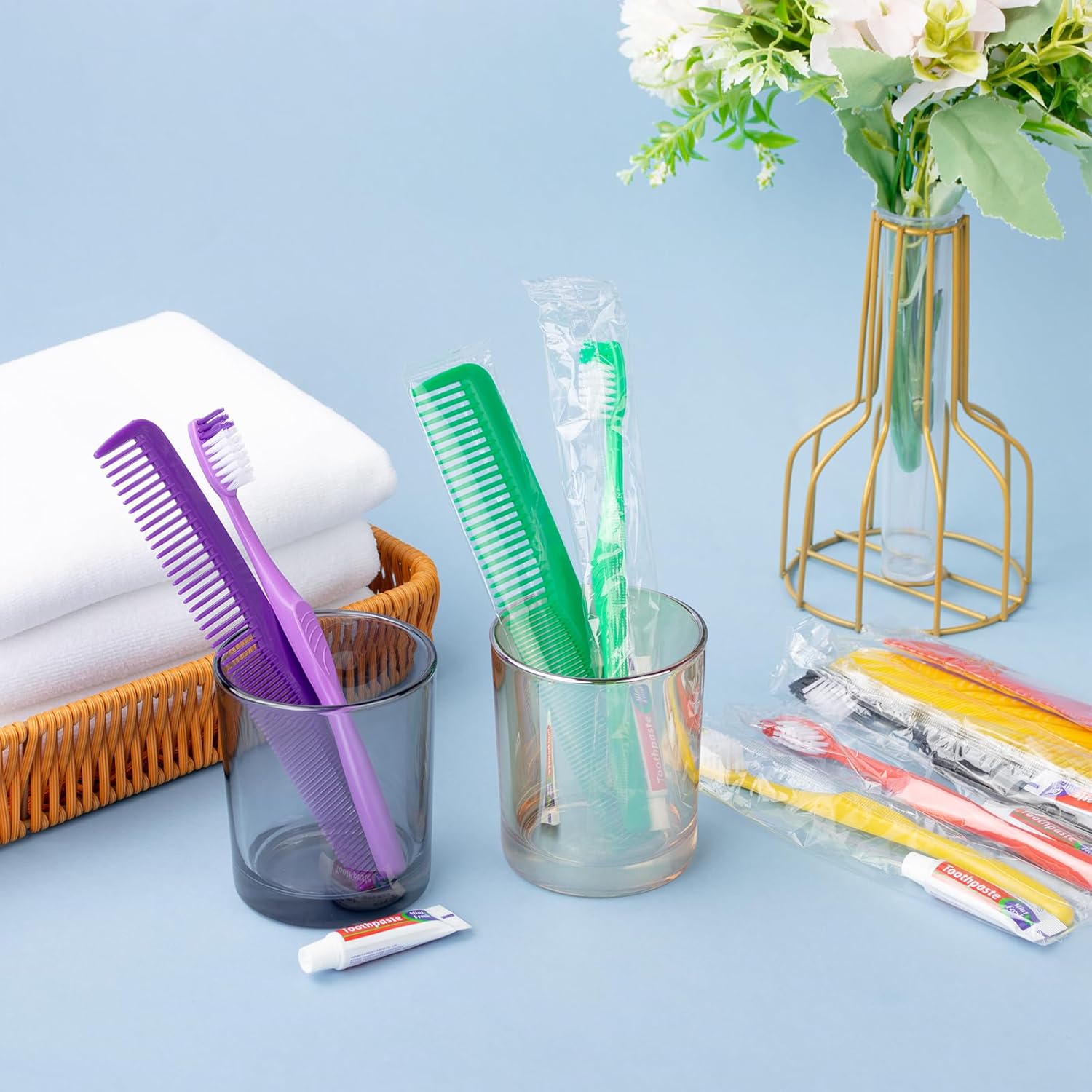 Disposable Toothbrushes with Toothpaste and Comb in Bulk, Soft Bristle Travel Size Individually Wrapped Basic Hygiene Kits, for Travel Hotel Camping Donation Charity Homeless Shelter in 5 colors (100)
