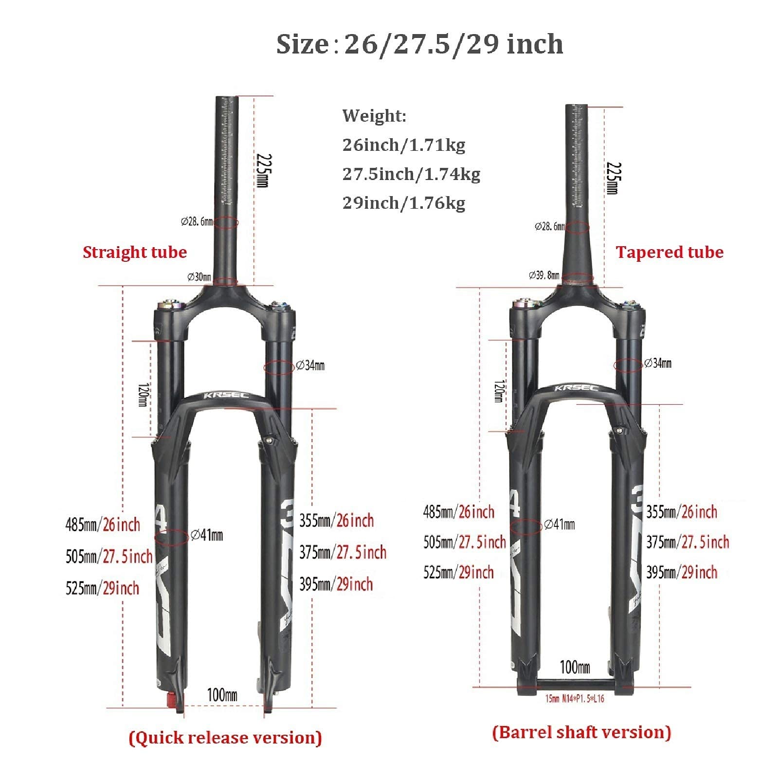 Fourche VTT 27,5 Pouces, Double Chambre à air 26/29, Tube Conique, Amortisseur 1-1/8", débattement 120 mm