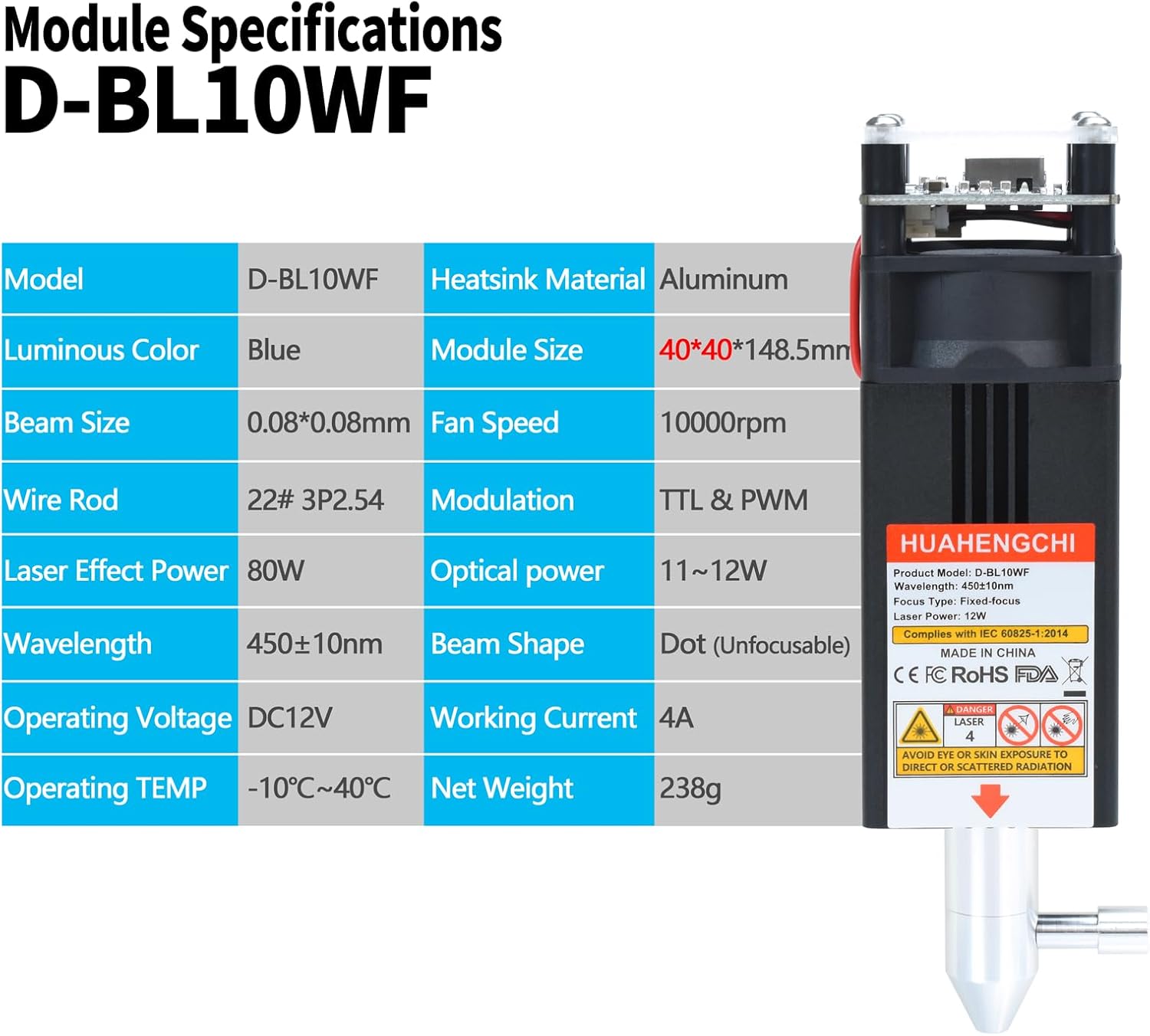HUAHENGCHI Laser Engraver Module, 12000mW(12W) Optical Output Laser Cutter Module w/Air Assist Nozzle, Laser Module Head Compatible with CNC Laser Engraving Cutting Machines, Class 4, 12V
