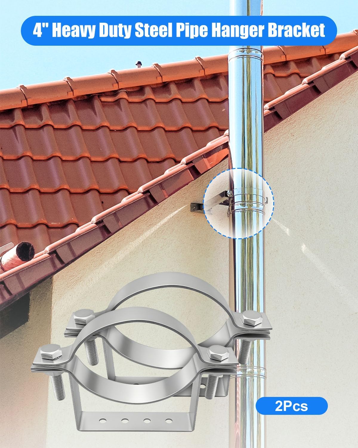 4 Inch Pipe Hanger Chimney Support Bracket, 2 Pcs Heavy Duty Steel Rigid Split Ring Hanger, B-Vent Wall Strap Includes Wall Mount Screws Gaskets