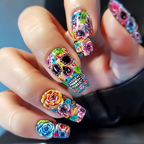 Halloween Press on Nails Medium Coffin Fake Nails with Holiday Sugar Skull Design Acrylic Nails Glossy Artificial Glue on Nails for Women 24Pcs Pattern 06