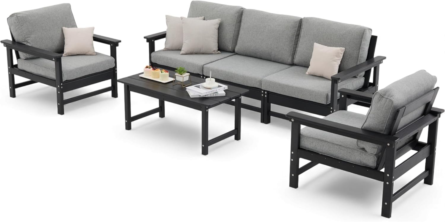 HDPE Outdoor Patio Furniture Set, 8-Piece Sofa Set with 3-Seat Couch, 3 Armchairs,Side Table & Coffee Table, Weatherproof Conversation Set with Cushions,for Garden, Porch & Backyard