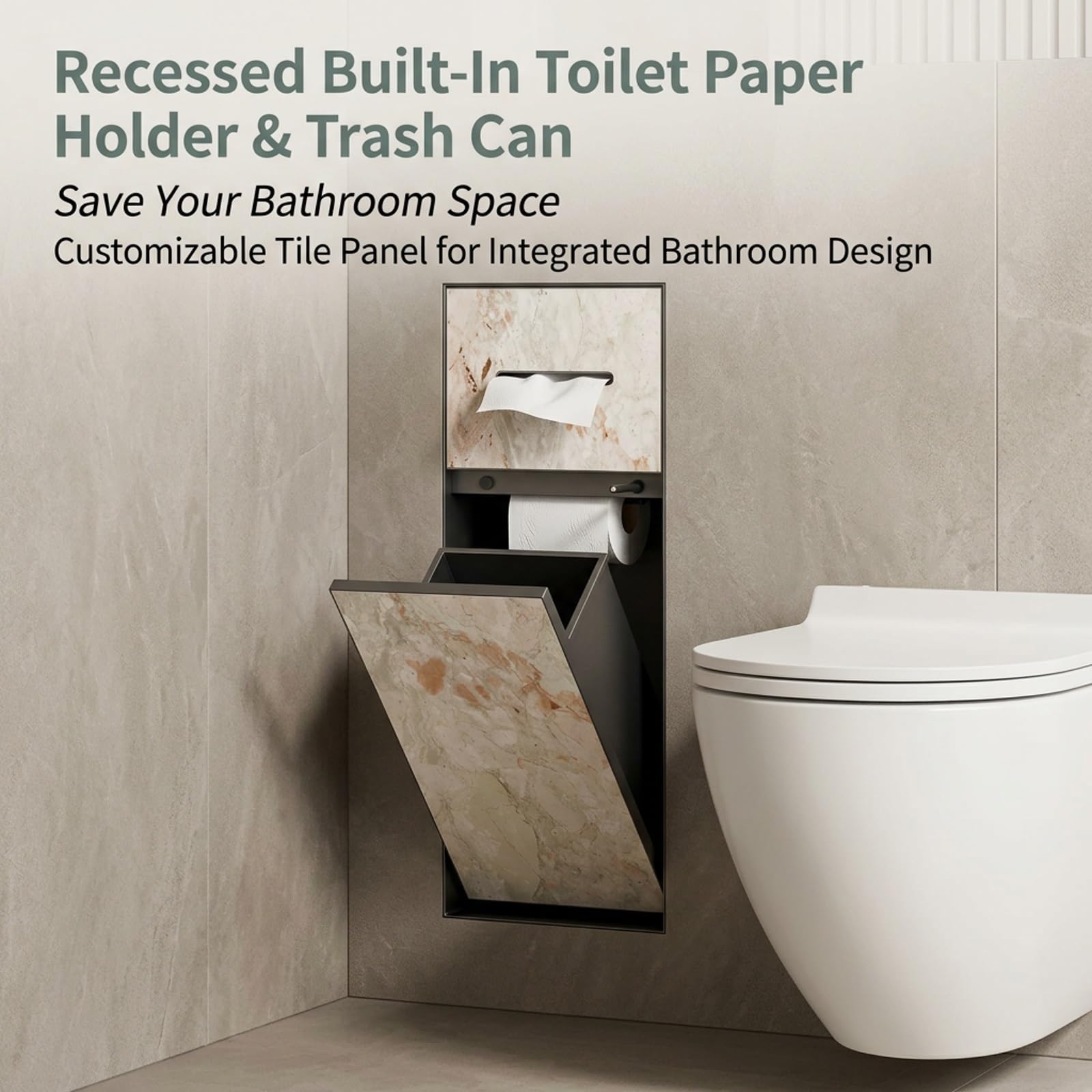 Nicho Oculto para Papel higiénico con Estante y Cubo de Basura, | Con cubo de basura oculto y soporte para papel higiénico,Requiere Panel (no Incluido),para reformas de Pared(Nero,24*64*14cm)