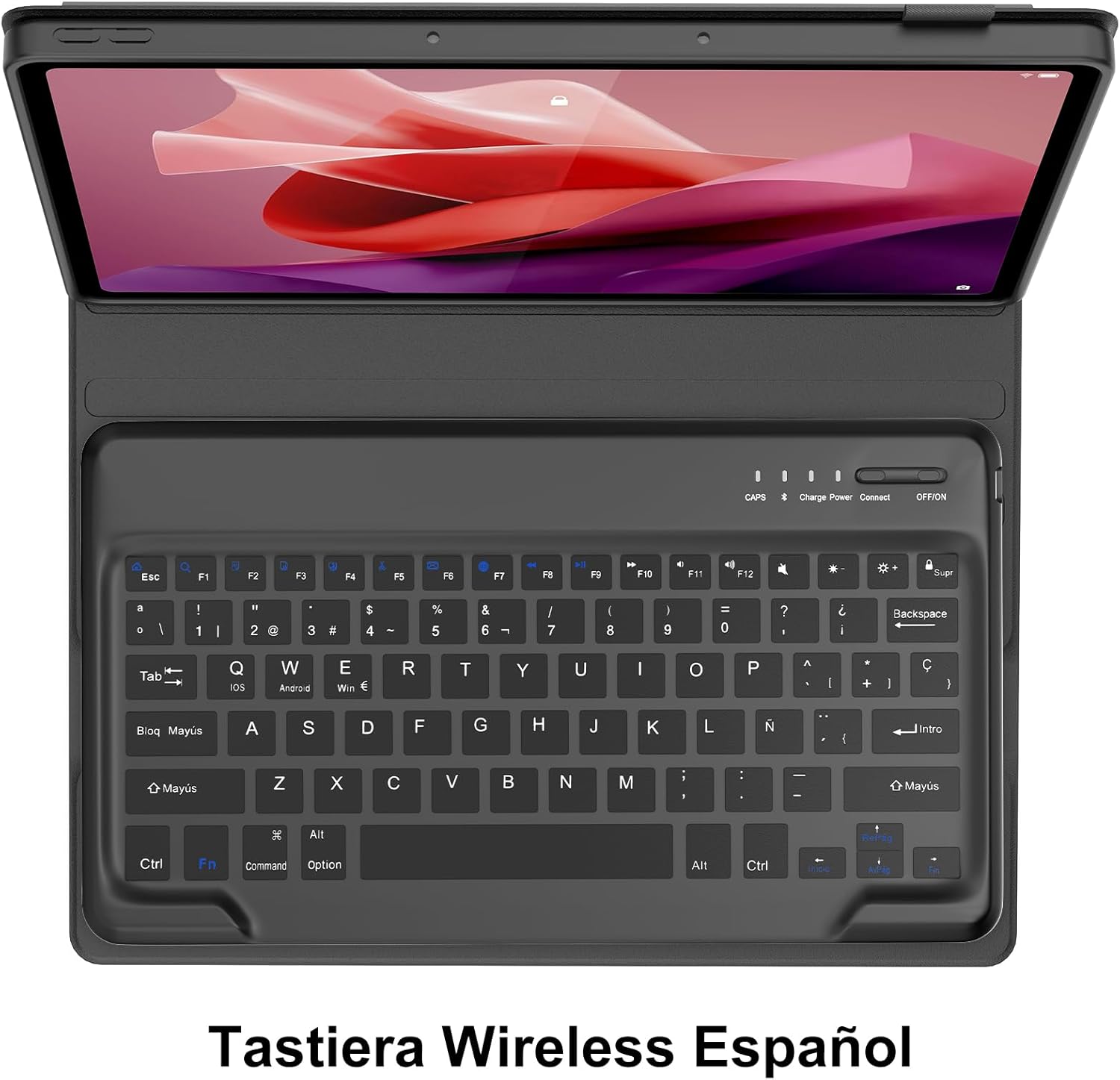 Spanish keyboard layout showing function key combinations for different operating systems, backlight levels, and colors.