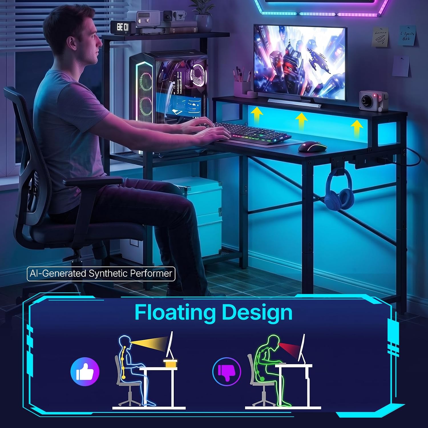 YATINEY Computer Desk with LED Light and Power Outlet, Gaming Desk
