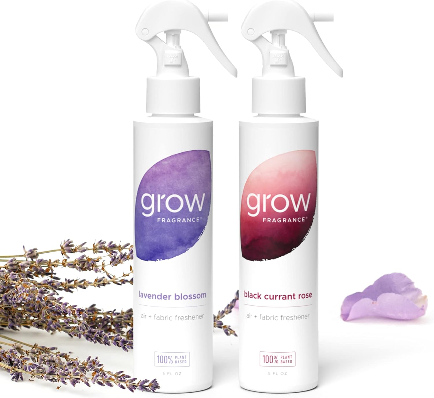 Grow Fragrance Scented Fabric and Room Air Freshener Spray - Certified Non-Toxic, 100% Plant-Based Essential Oils - 5 oz (Lavender Blossom + Black Currant Rose 2-Count)