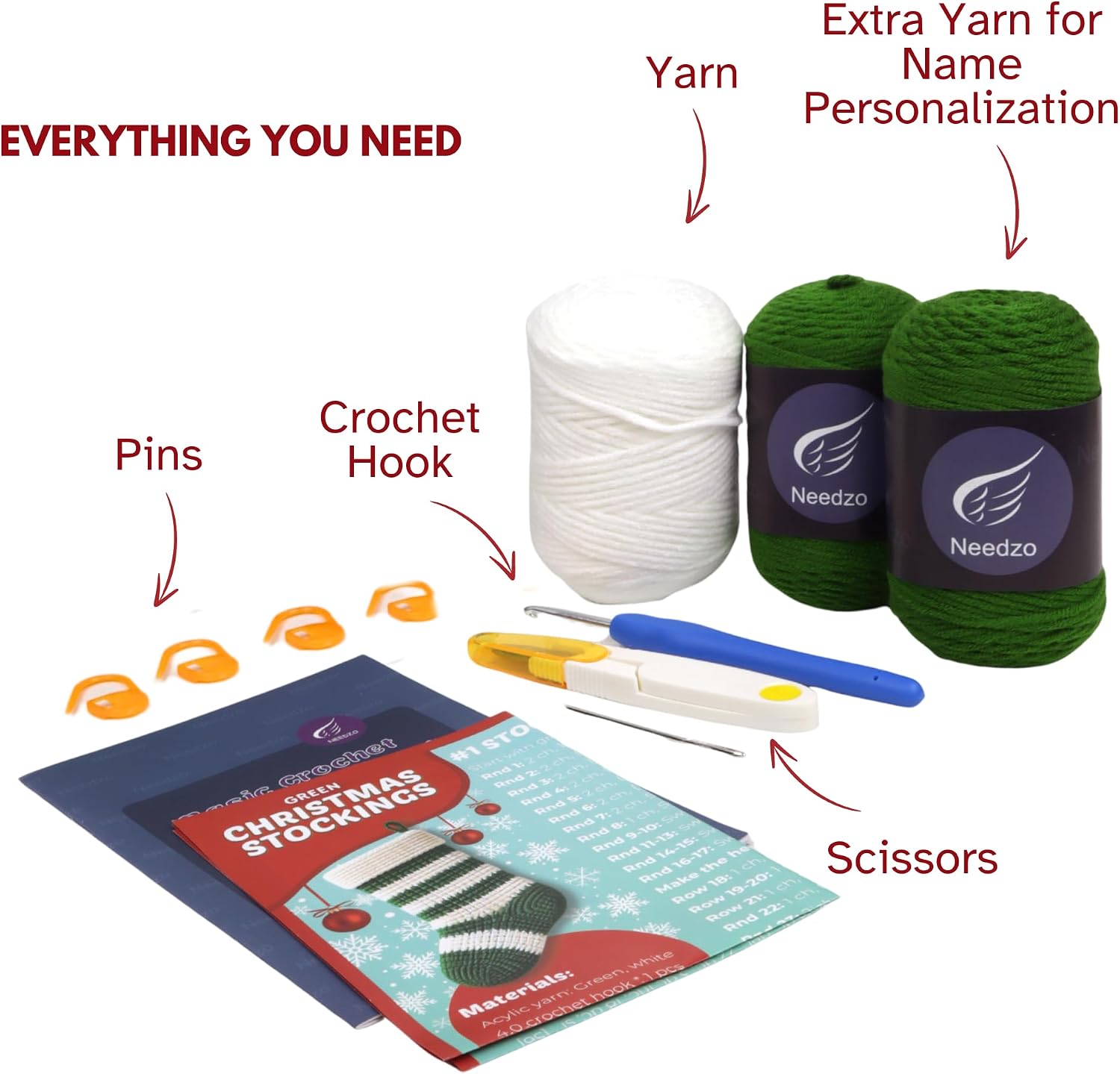 Needzo Green Christmas Stocking Crochet Kit, DIY Amigurumi Craft Knitting Starter Set, Step-by-Step Video Tutorials and Printed Instructions, Extra Yarn for Name