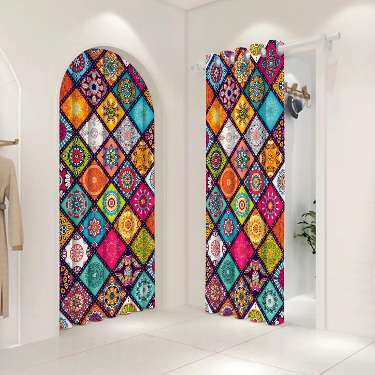 Tenda oscurante per porta, stile mandala, stile bohémien, floreale, in poliestere, tenda oscurante con tasca per bastone, divisorio per la privacy, per soggiorno, camera da letto e balcone