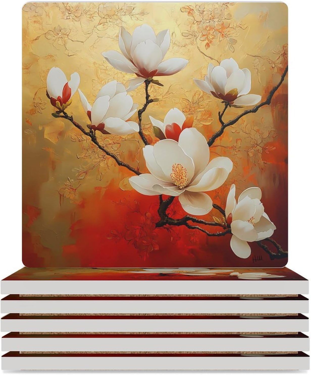 Magnolia Flowers Floral Coasters for Drinks Square Table Coasters Set Cup Mats with Cork Base
