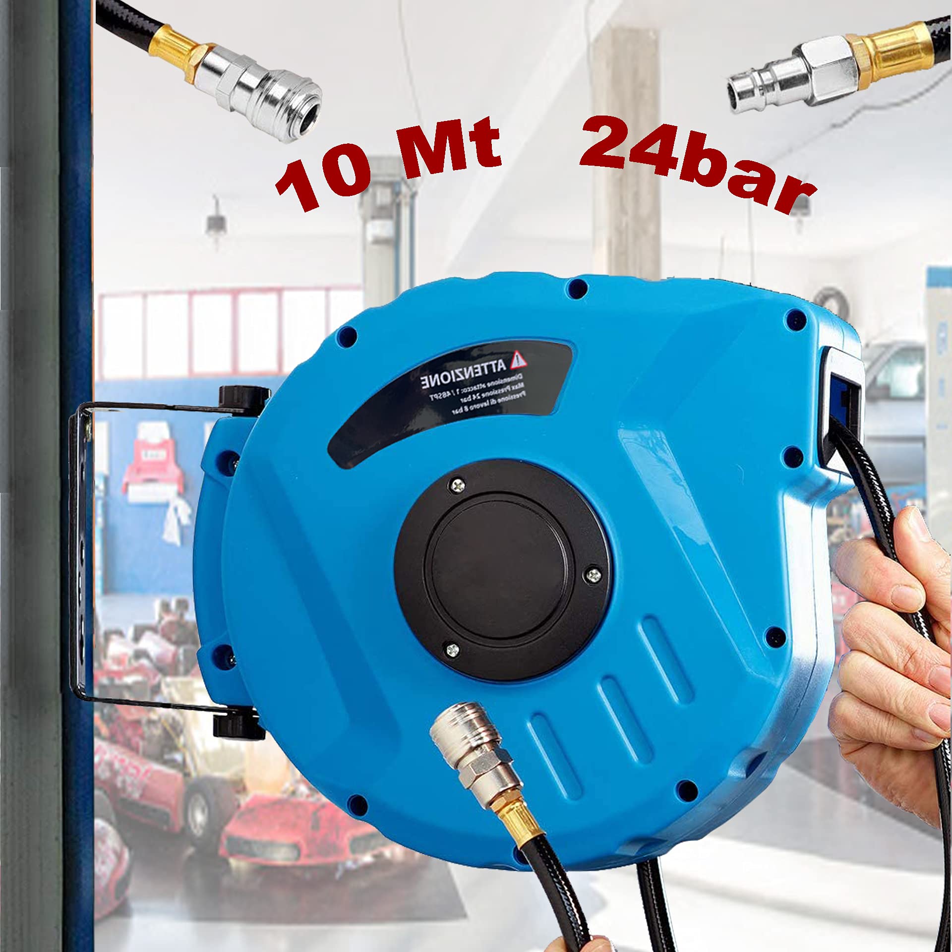 Cumana Avvolgitubo Aria Compressa con Tubo Professionale Attacco 1/4" Fissaggio a Parete Sistema Blocco Automatico Riavvolgitore Auto Stop Accessorio Compressore Salvaspazio Pressione 24 Bar 10 + 1 Mt