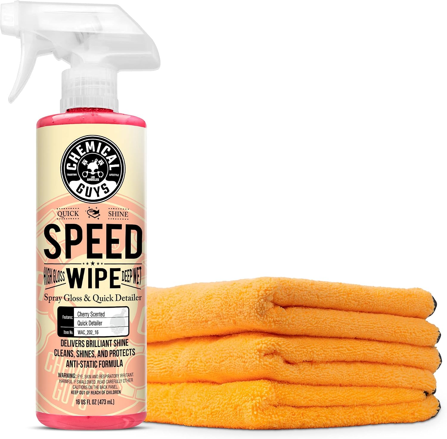 Chemical Guys WAC_202_16 Speed Wipe Quick Detailer (16 oz) MIC_506_03 Professional Grade Premium Microfiber Towels, Gold 16" x 16", Pack of 3