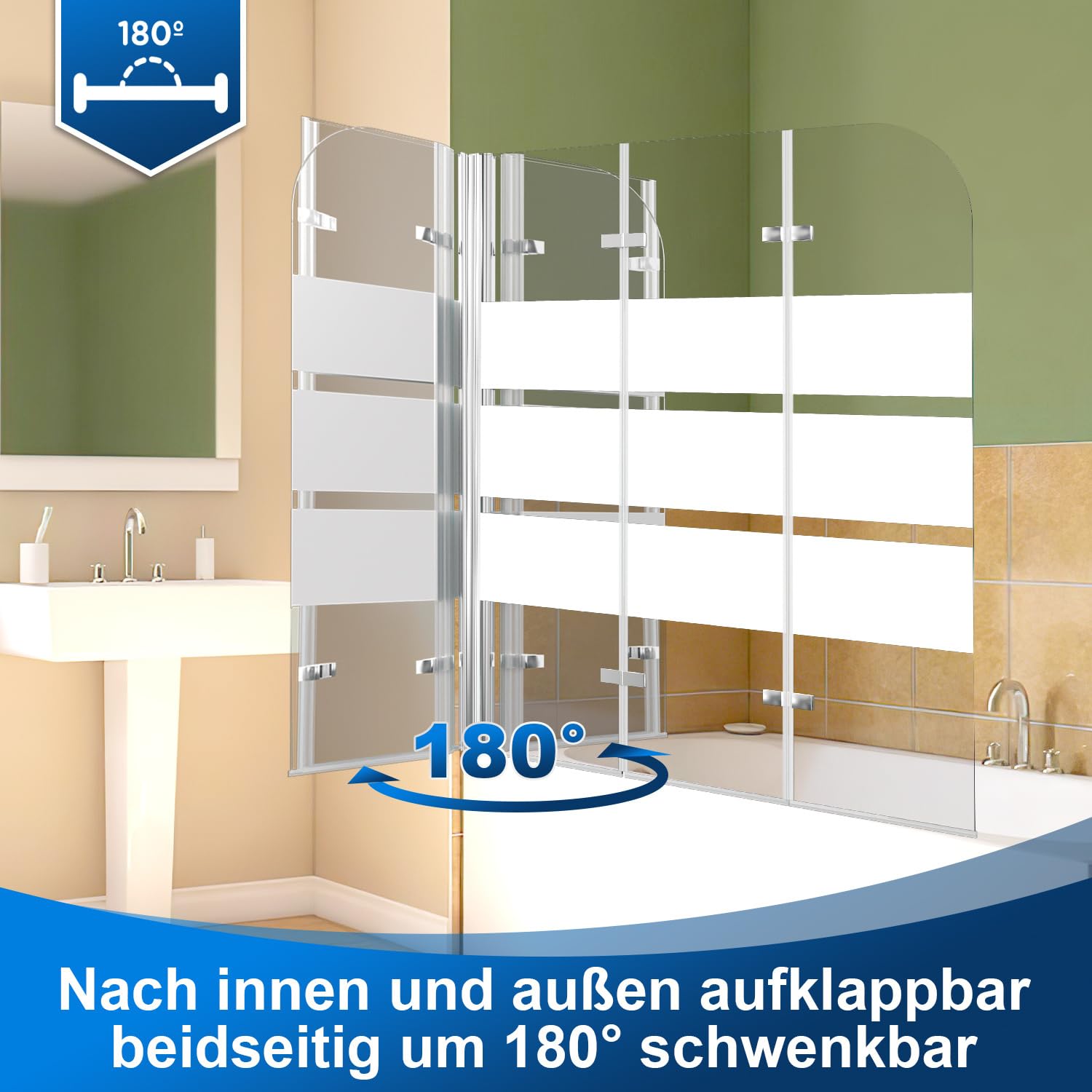 Vasca da bagno 120 x 140 cm, 3 pezzi, pieghevole, parete doccia per vasca da bagno in vetro di sicurezza ESG da 6 mm, con strisce bianche, rivestimento nano, paraspruzzi, argento