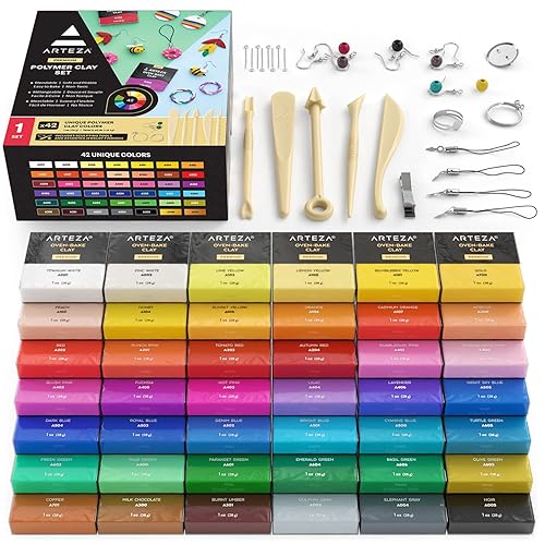 Arteza Kit de arcilla polimérica, horno de arcilla para modelar para adultos y adolescentes con 5 herramientas para esculpir, 42 colores, hecho para aretes de arcilla, fabricación de joyas y manualidades