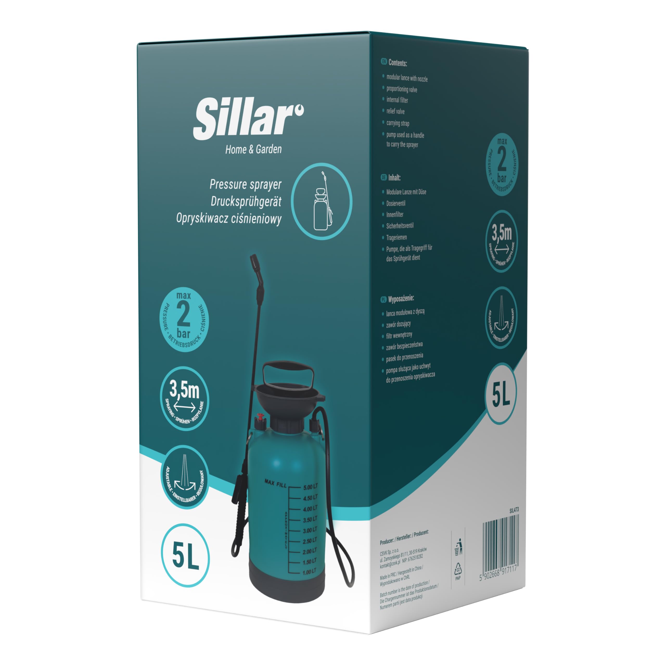 Sillar 5L Drucksprüher mit Verstellbarer Lanze & Sicherheitsventil | Universelle Sprühflasche für Garten, Haushalt, Reinigung, Schädlingsbekämpfung & Pflanzenschutz, verstellbare Düse