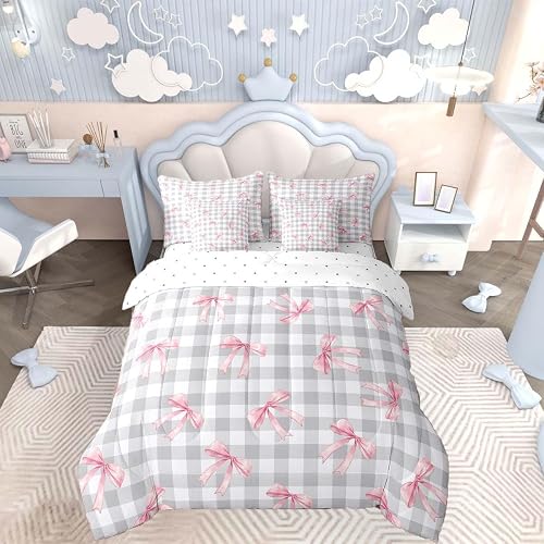 jejeloiu Girls Grey Pink Bow Comforter Set with Sheets 7Pcs Full Size Kids