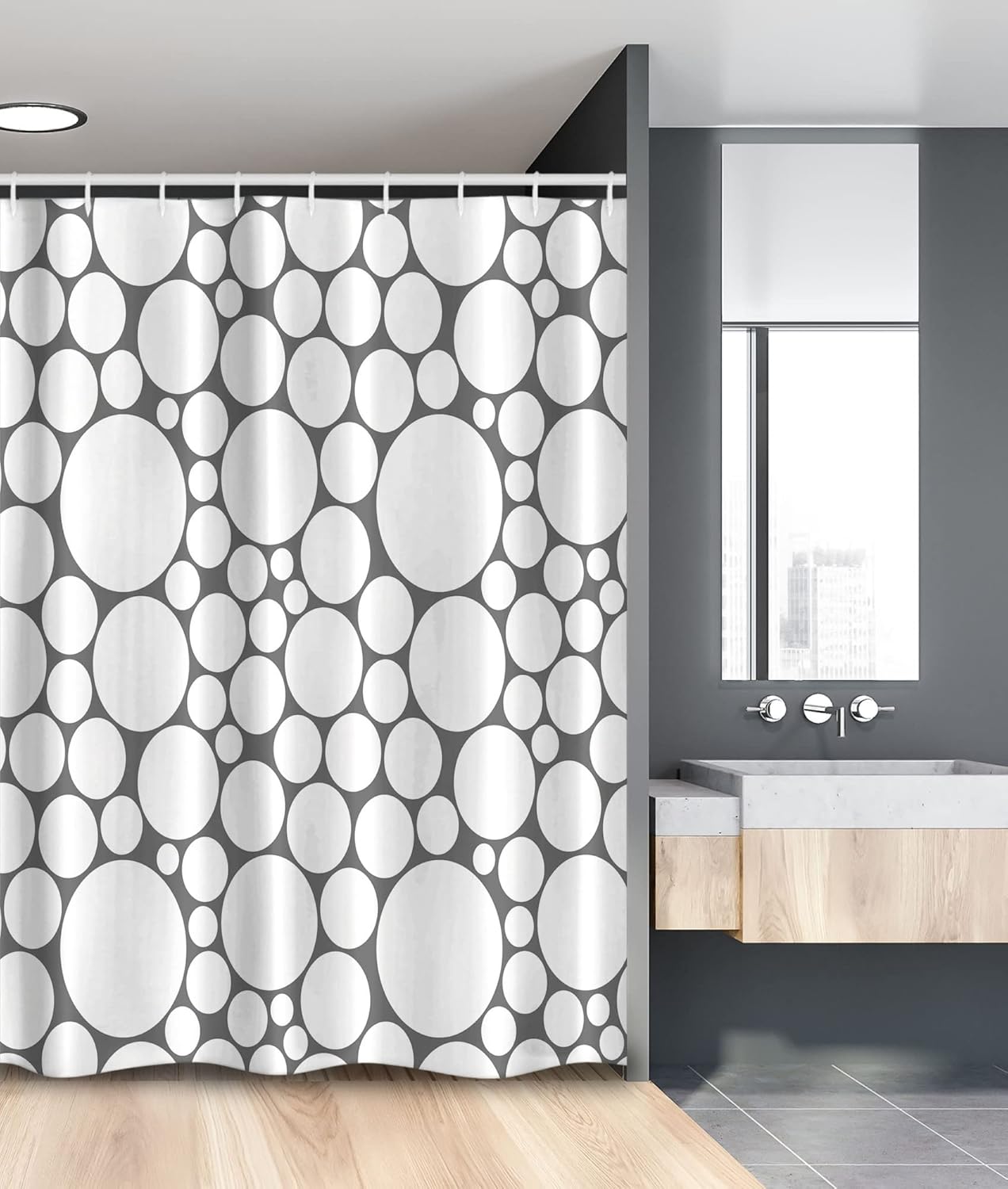 Ambesonne Geometric Circle Stall Shower Curtain, Retro Pattern with Large Small Round Dots Abstract Art Print Image, Fabric Bathroom Decor Set with Hooks, 54" W x 78" L, Dark Grey White