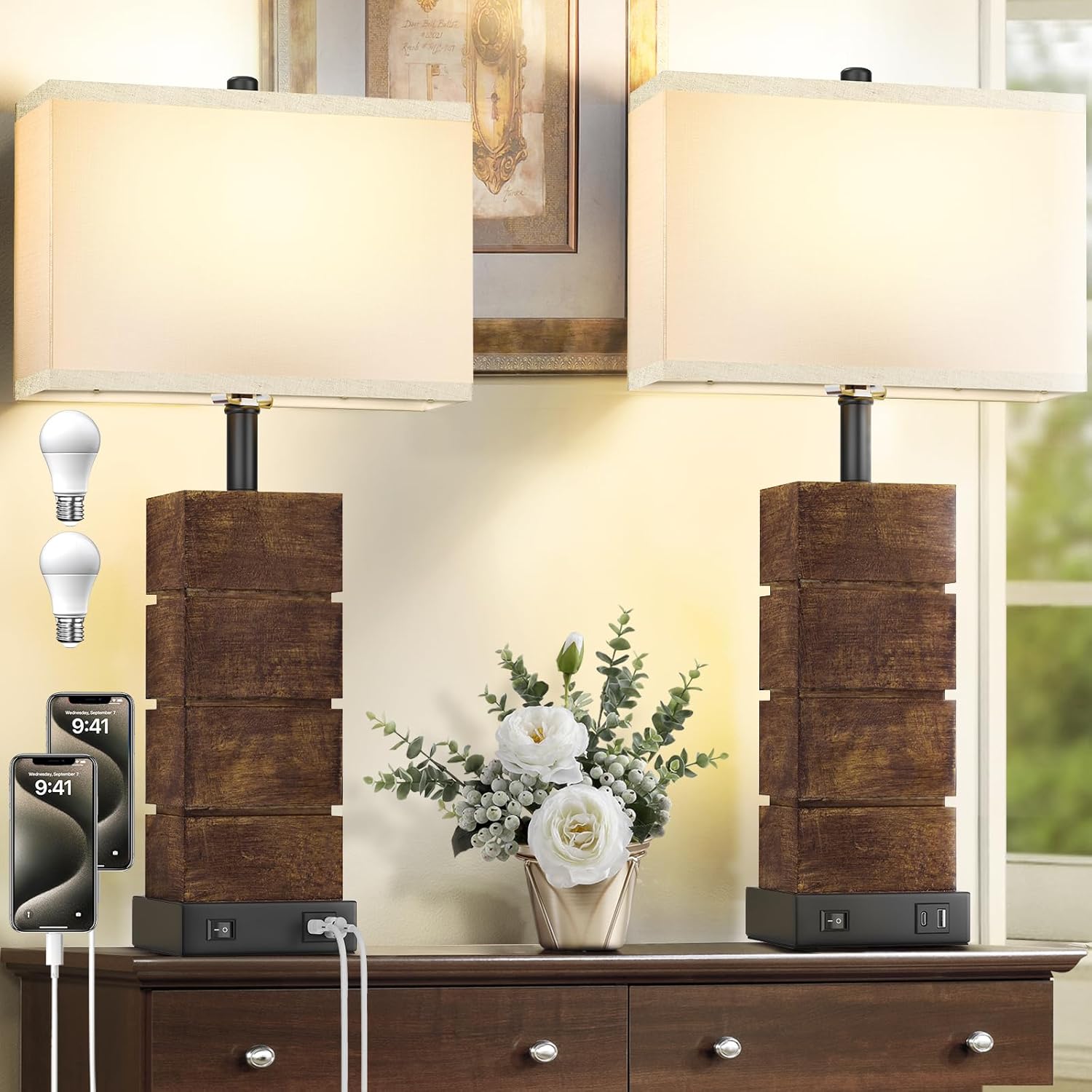 Set of 2 Farmhouse Table Lamps for Living Room, 25.3" Vintage Brown Wood Grain Bedside Lamps with USB C+A Charging Ports, 3 Color Temperatures, Resin Nightstand Lamps with Rectangular Shade
