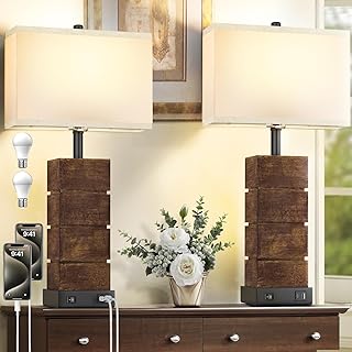 Set of 2 Farmhouse Table Lamps for Living Room, 25.3" Vintage Brown Wood Grain Bedside Lamps with USB C+A Charging Ports, 3 Color Temperatures, Resin Nightstand Lamps with Rectangular Shade