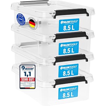 ATHLON TOOLS Set of 4 8.5 L Storage Boxes with Lid, BPA-Free and Food-Safe Storage Box with Locking Clips, 100% New Material 