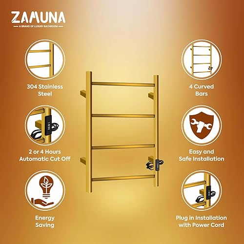 Miniatura 2 de Calentador de toallas eléctrico para baño, 23.6 x 15.7 pulgadas (cuadrado), toallero térmico montado en la pared, 4 barras de acero inoxidable,