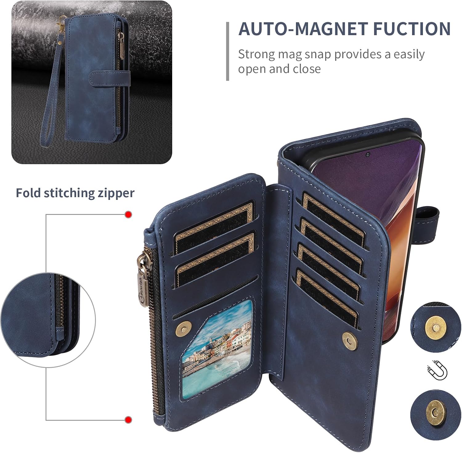Asuwish Phone Case for Samsung Galaxy Note 20 Ultra 5G Zipper Wallet Cell Cover with Screen Protector Crossbody Strap Flip Card Holder Note20 Plus Notes 20Ultra Note20+ U + 20+ Twenty Not S20 Blue
