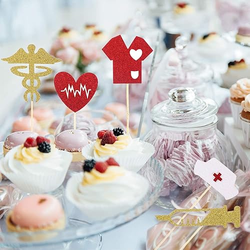 Miniatura 6 de 50 adornos para cupcakes de enfermería con purpurina para enfermera, graduación, decoración con tapa de enfermera, diseño de corazón para