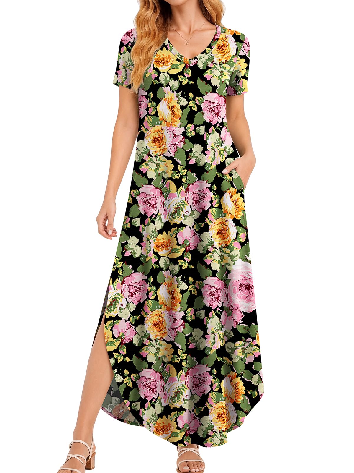 Women's V-Neck Maxi Sundress Short Sleeve Floral Summer Dress with Pockets