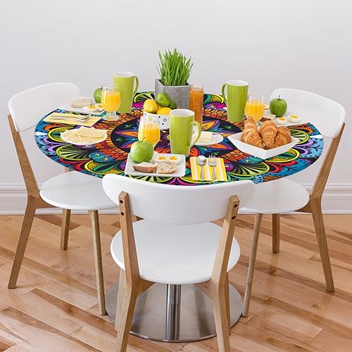 Miniatura 8 de Mantel redondo ajustado con diseño de mandala de flores, mantel circular bohemio y colorido con borde elástico, impermeable, lavable, de poliéster