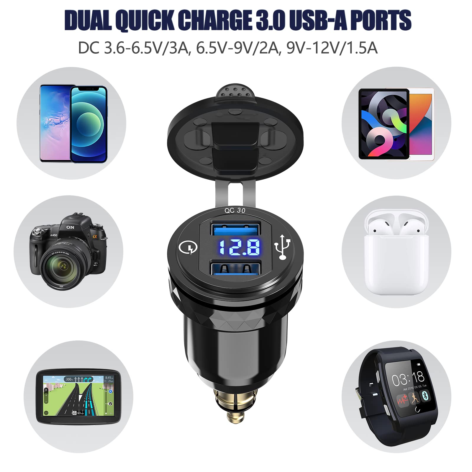Qidoe QC 3.0 Presa Din a USB per Moto BMW: Metallo Doppio USB Presa Din Adattatore Impermeabile con Display Voltmetro Ricarica Rapida per 12-24 Volt Motocicli Europei Ducati/Triumph/BMW