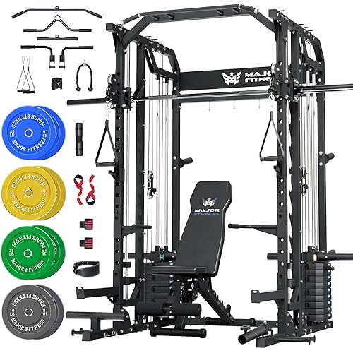Major Fitness Drone2 Advanced Training Smith Machines– All-in-One Home Gym Squat Rack with Aluminum Pulley Set , Weight Bar, Dual LAT Pull-Down Systems & Cable Crossover Machine for Full-Body Workouts