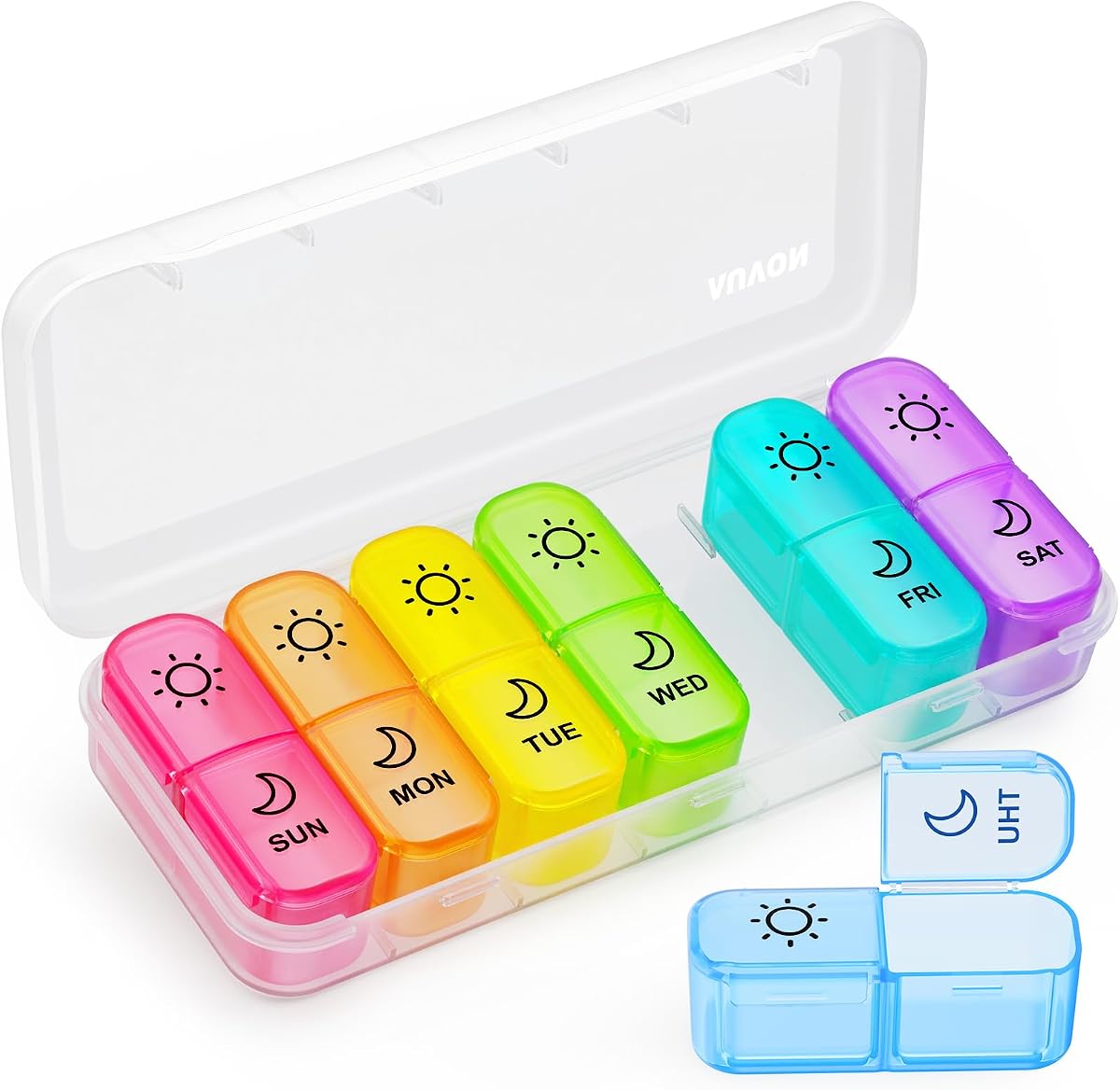 AUVON Weekly Pill Organizer 2 Times a Day, Face-Up Labels for Easy Tracking | Portable AM PM Pill Box 7 Day, Color-coded Comparments for Medications, Vitamins, Fish Oils, Supplements, BPA-free Pill Case