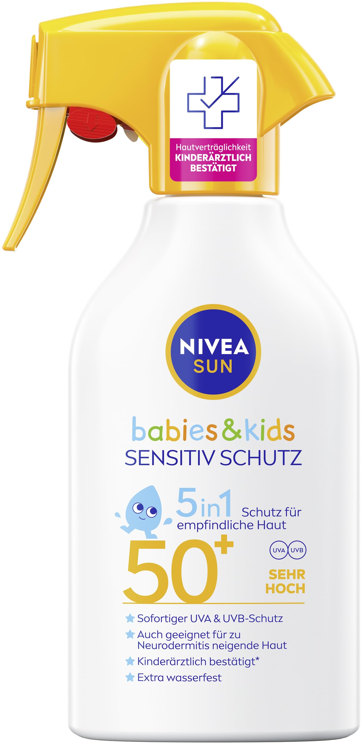NIVEA SUN Babies & Kids Sensitiv Schutz 5in1 Sonnenmilch LSF 50+, extra wasserfestes Sonnenlotion als Spray mit LSF 50+, Sonnencreme für Kinder ohne Parfüm (250 ml)