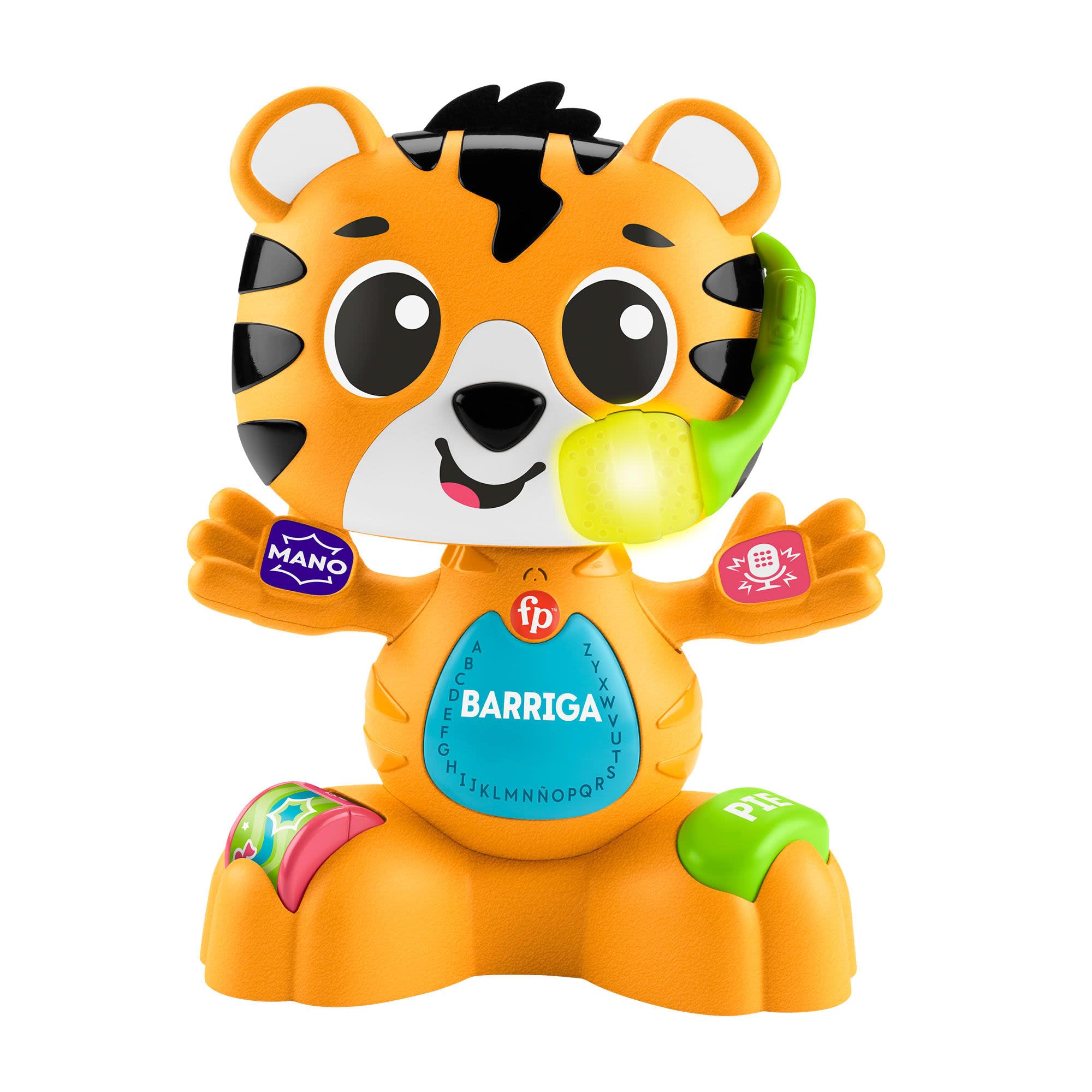 Fisher-Price Juguete educativo musical Tin el Tigre de BANDA ANIMAL, con luces, sonidos y grabación de voces, versión español + portugués + italiano + inglés, para bebés +9 meses (HYK91)