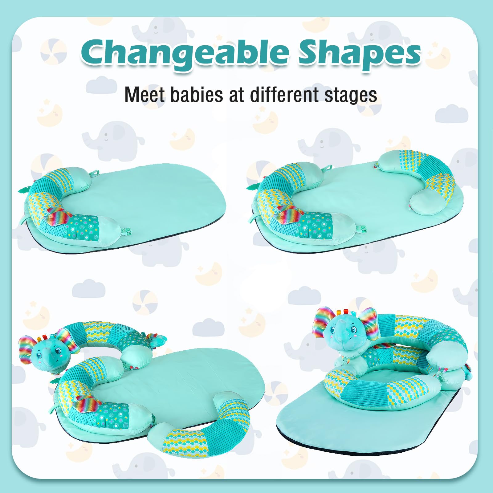 Weinsamkeit Baby Spielzeug 3 6 9 12 Monate, Tummy Time Toys, 3 in 1 Abnehmbares Elefant Spielkissen, Bauchlage Helfen Sitzen Stützen Babyspielzeug 0-12 Monate mit Rassel, Spiegel, Beißring
