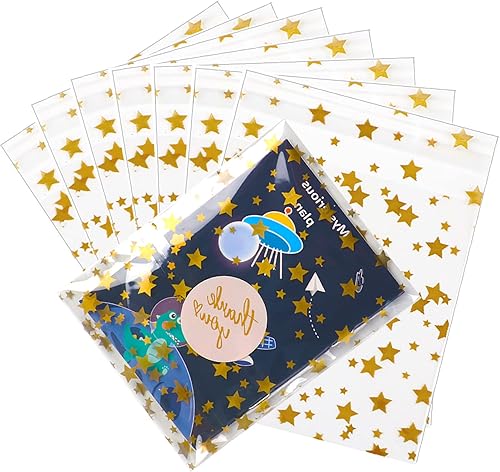 COQOFA 100 piezas de bolsas de regalo con sello autoadhesivo impresas con estrellas, bolsas de celofán para envolver regalos, bolsas para sorpresas