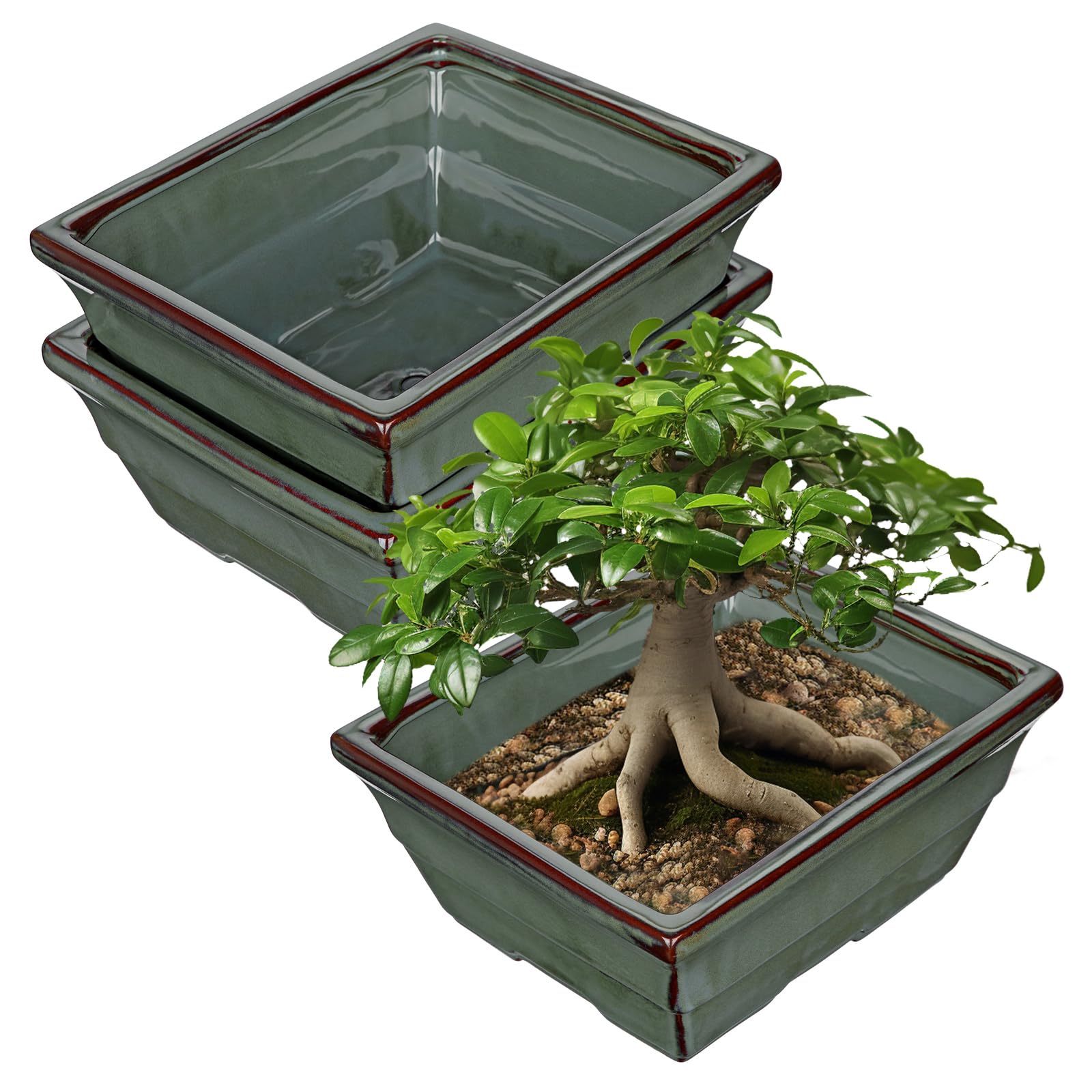 Oairse Zestaw 2 ceramicznych doniczek bonsai z otworami drenażowymi, do japońskich roślin pokojowych bonsai, dekoracja retro do zestawów pojemników ogrodowych na zewnątrz, średnica otworu 25,5 cm