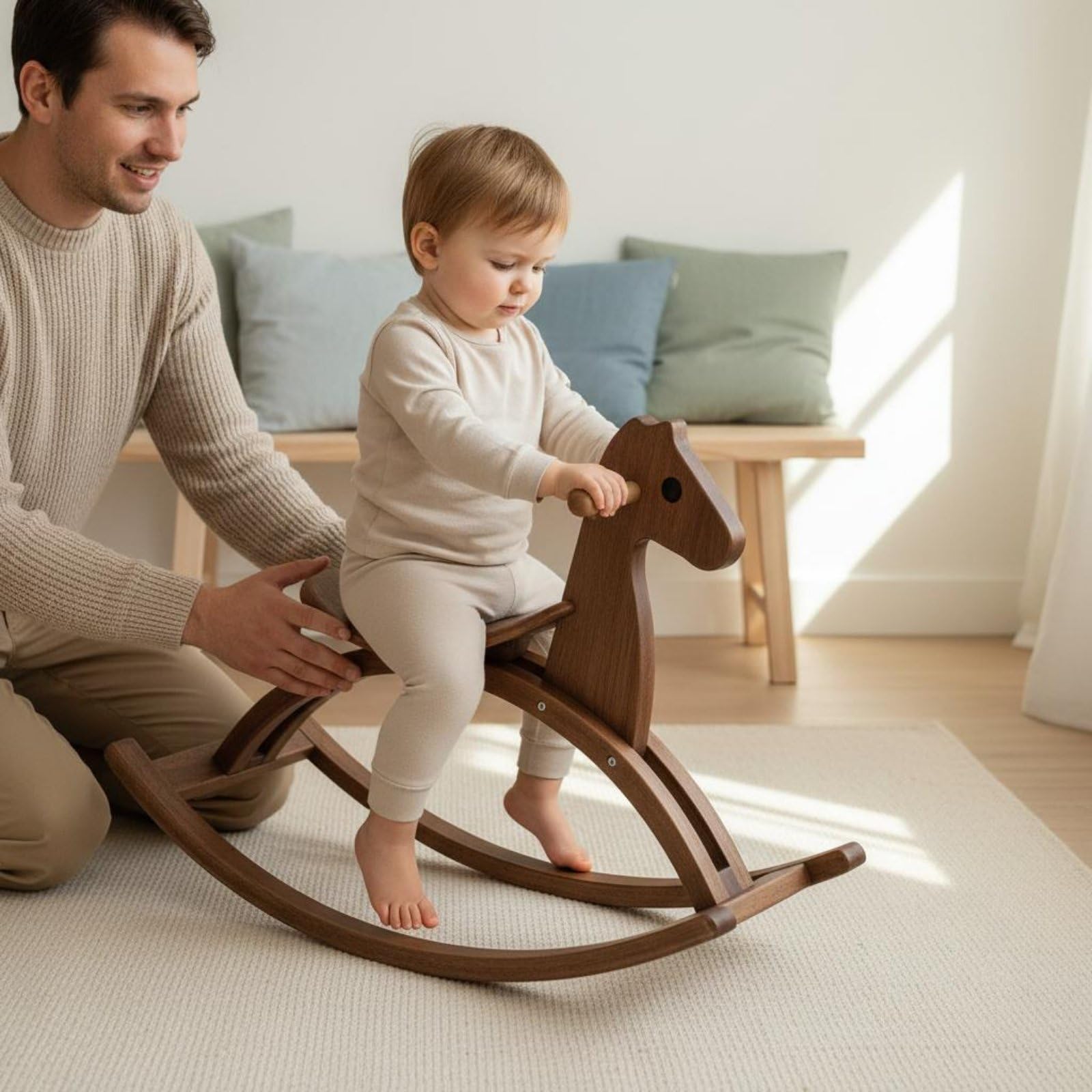 Cavallo a Dondolo Bambini Cavallino Dondolante Giocattolo Dondolo Gioco a Dondolo in Legno Stile Minimal Nordico Facile da Inserire in Casa Pattini, Natural Wood