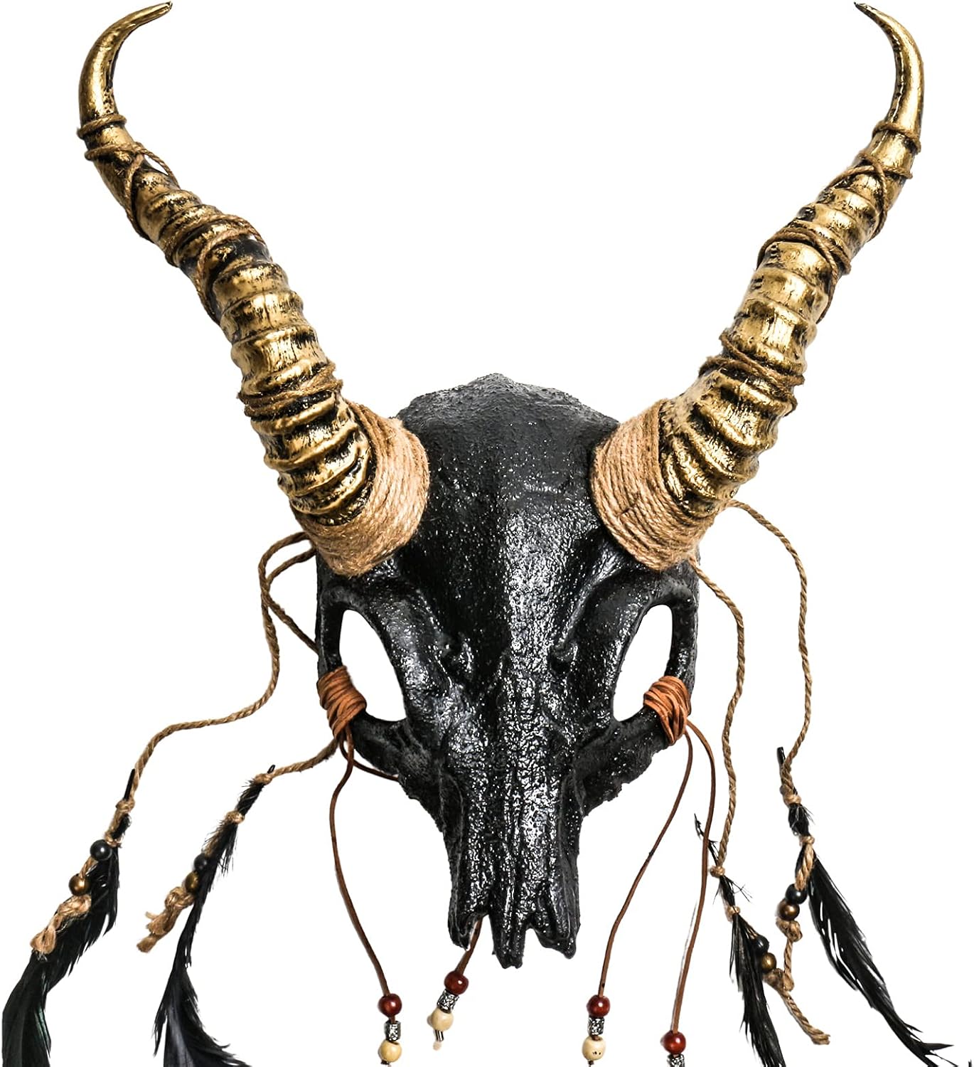 Animal Skull with Antelope Long Horns Masquerade Mask Full Face Adult Halloween Costume Party Mask with Feather