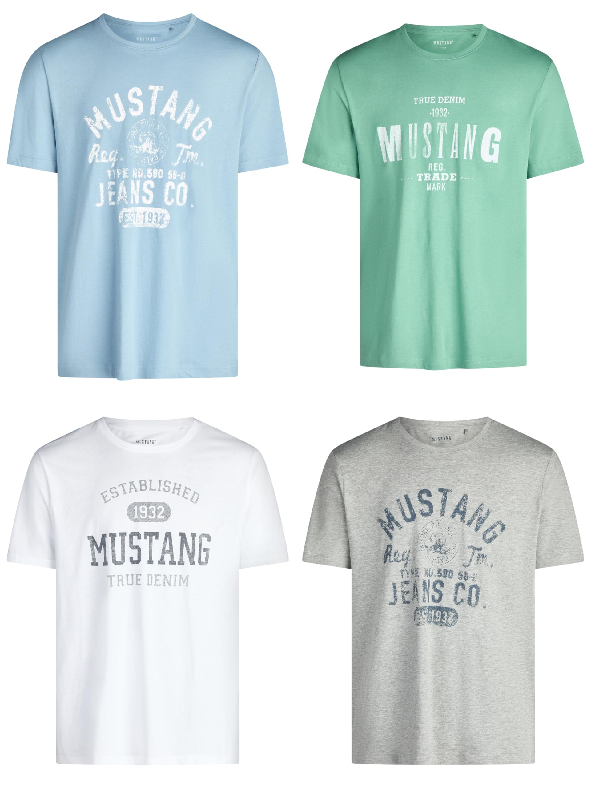 Mustang, Confezione da 4 Magliette da Uomo con Stampa Frontale e Scollo Rotondo, Colori Assortiti Blu e Nero