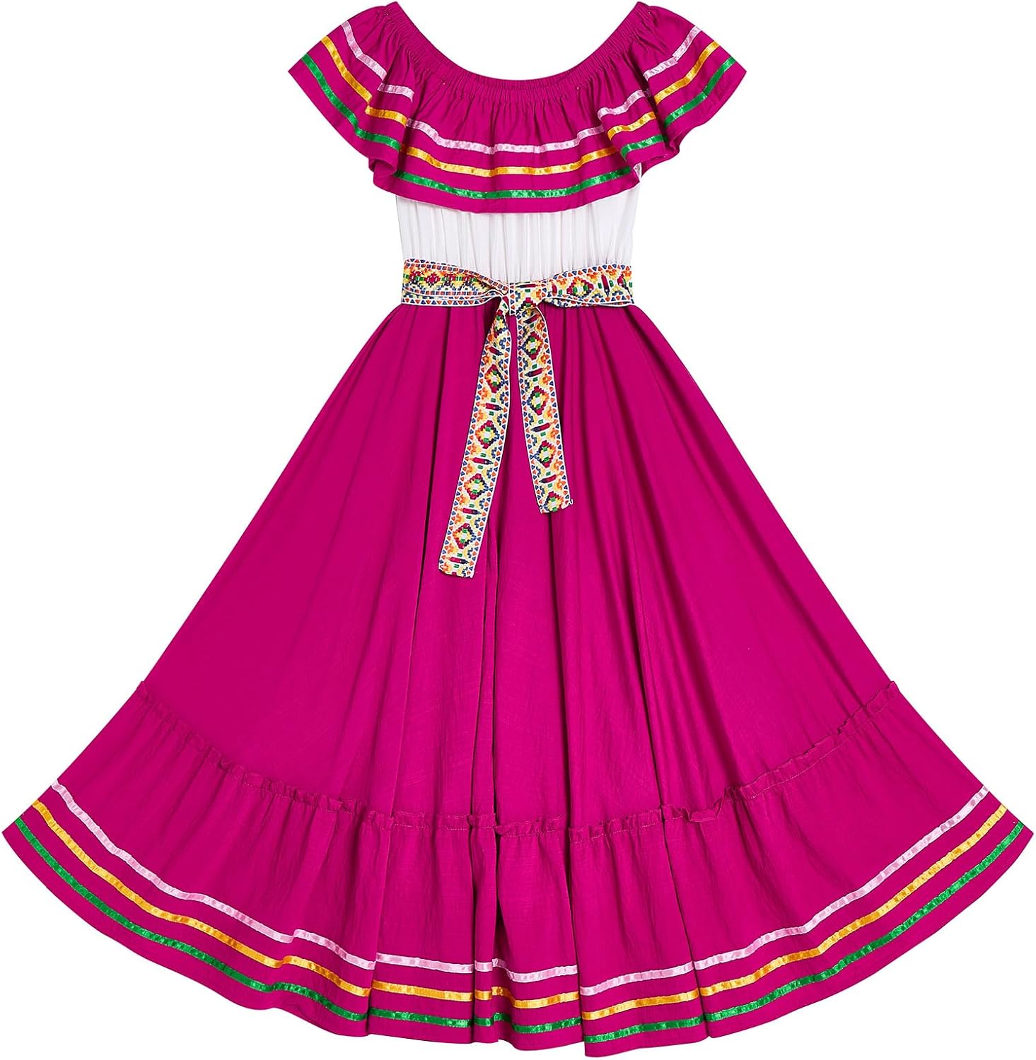 ABEHIK Women Mexican Dress Traditional Off Shoulder Folk Ruffle Drape Dresses with Belt Cinco De Mayo Fiesta Party Outfit