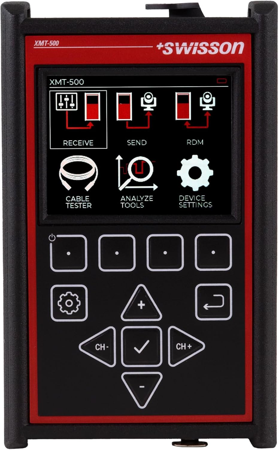 Swisson XMT-500 DMX Tester display showing Receive, Send, RDM, Cable Tester, Analyze Tools, and Device Settings menu