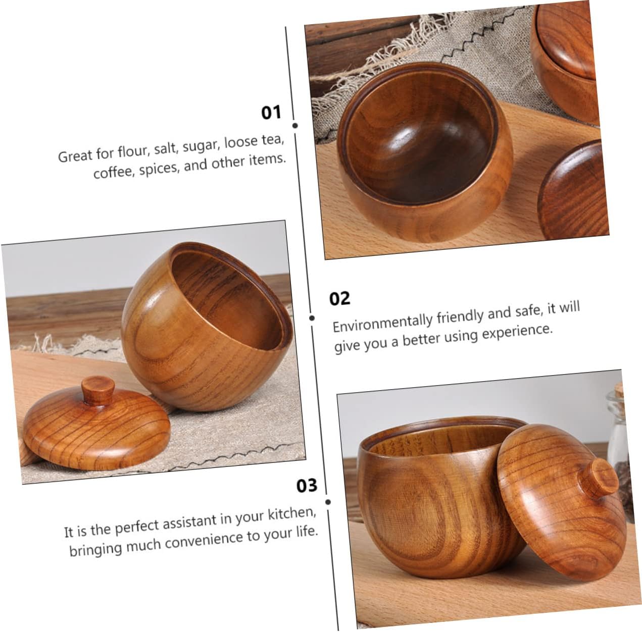 Wooden Seasoning Box Condiment Pot with Hole Lid Brown Kitchen