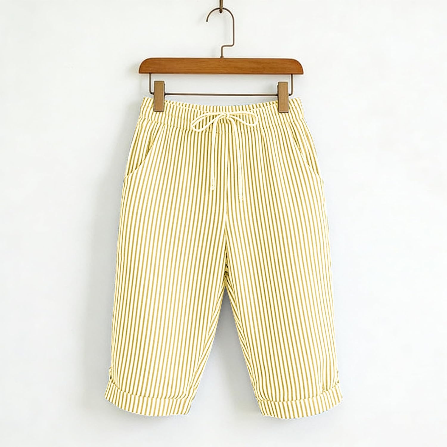 Women's Striped Bermuda Shorts Ladies Summer Fashion Cotton Linen Casual Capri Pants Lightweight Loose with Pockets