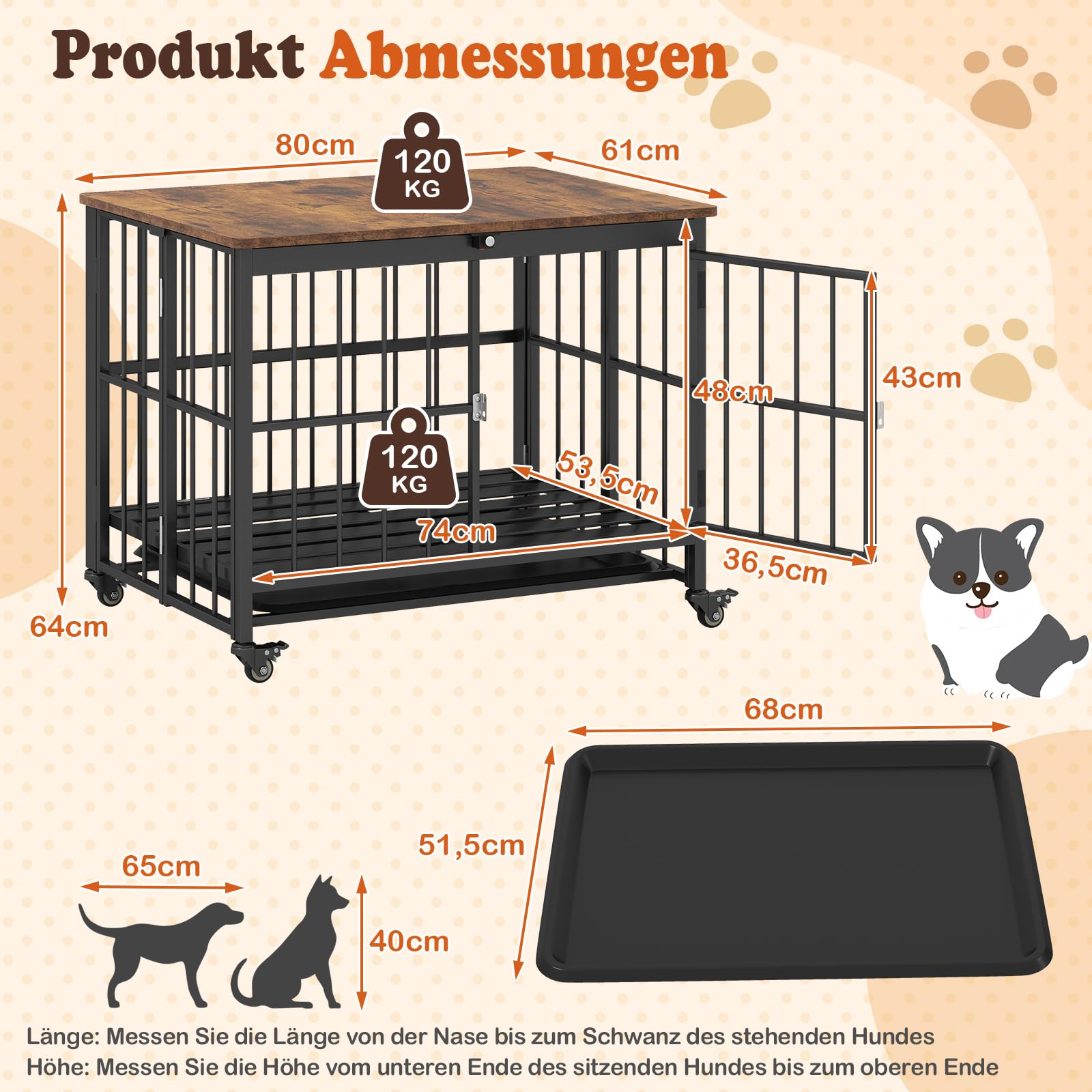 COSTWAY Hundekäfig Möbel, klappbar, Hundehütte mit Rollen, herausnehmbarem Tablett & abschließbarer Tür, 2 in 1 Beistelltisch Hundebox Indoor, Tierkäfig Metall Holz, Vintagebraun (80 x 61 x 64 cm)