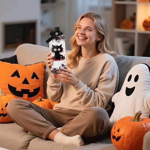 Miniatura 5 de Botella de agua aislada de Halloween de 32 onzas, botella de agua de gato loco, taza de terror, taza aislada gótica gótica, regalo de Halloween para