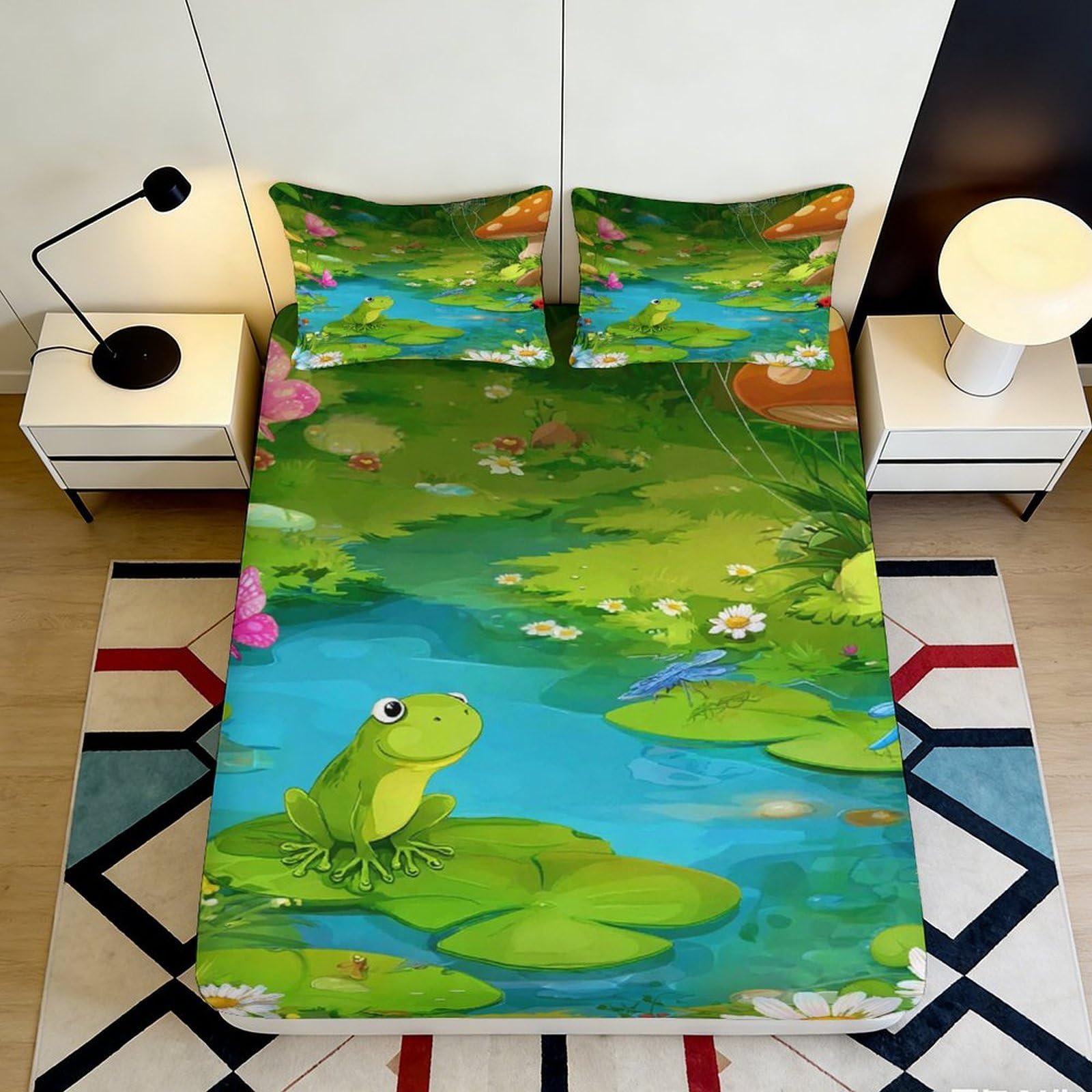 3D Printed Frog Pond Fitted Sheet Microfiber Soft Green Lily Pad Mattress Cover for Bedroom Dorm Protection Decor 90x200x25cm